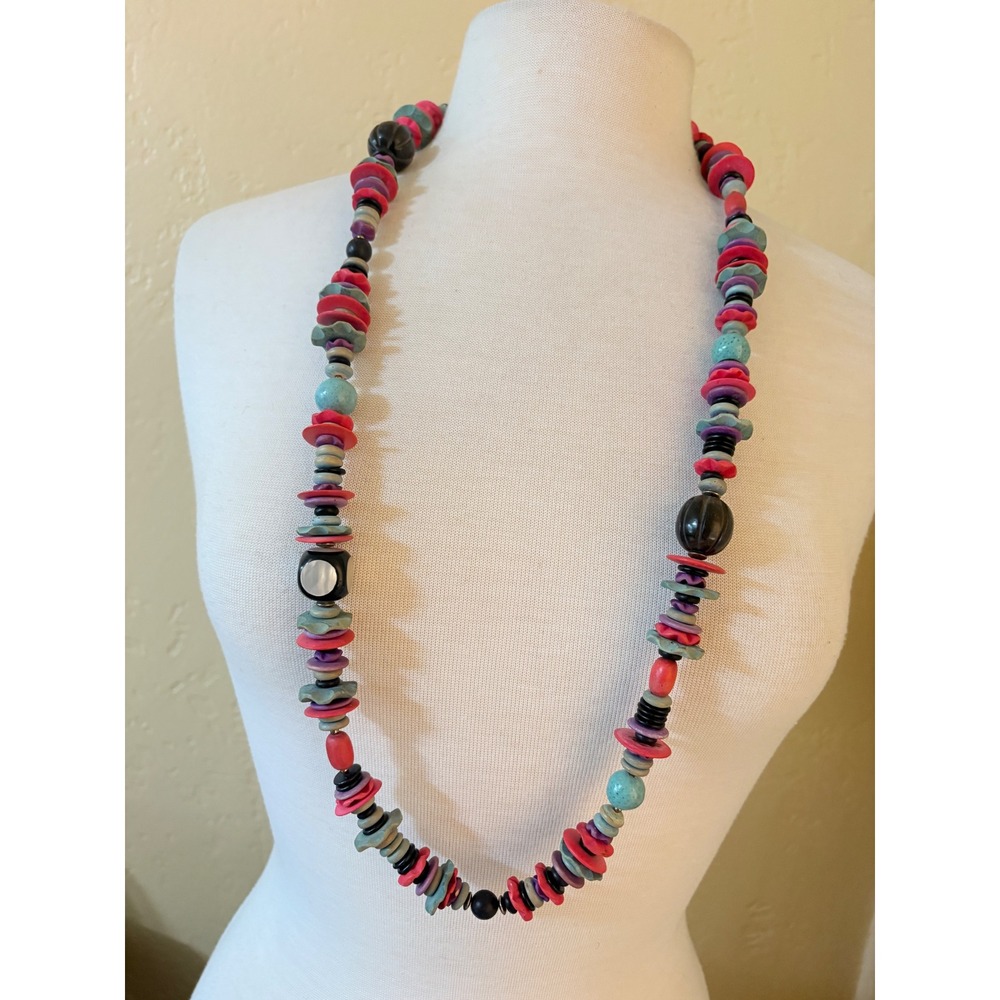 Vintage Artisan Beaded Necklace Long Wood Ceramic Resin Multicolor Boho